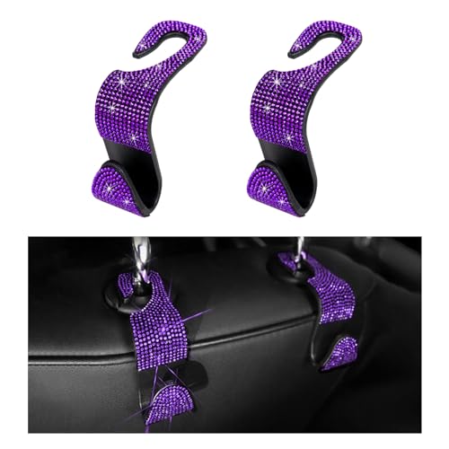 2PCS Bling Car Seat Headrest Hooks, Auto Back Seat Hanging Storage Organizer for Purse Handbag Coat, Rhinestone Vehicle Seat Hanger Holder for Women Girls, Car Accessories (Purple) - size: 2 PCS