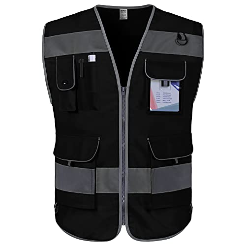 TCCFCCT Hi Vis Vest, 9 Pockets High Visibility Reflective Safety Vest for Men Women, Safety Construction Vest with Reflective Strips, Meets ANSI/ISEA Standards, (Black, Medium) - color: Black Fabric-bison 001, size: Medium