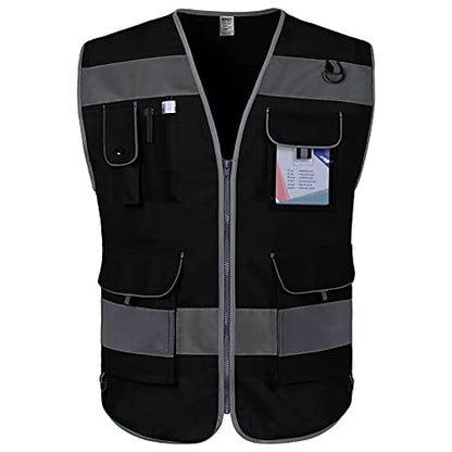 TCCFCCT Hi Vis Vest, 9 Pockets High Visibility Reflective Safety Vest for Men Women, Safety Construction Vest with Reflective Strips, Meets ANSI/ISEA Standards, (Black, Medium) - color: Black Fabric-bison 001, size: Medium