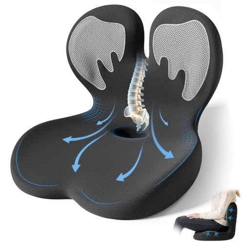 Seat Cushion,Office Chair Cushion with Lumbar Support,Memory Foam Car Orthopedic Cushion,Ergonomic Designed for Long Sitting,Tailbone & Back Pain Relief,Sciatica Pillow for Office,Car,Home Chair - color: Black+white Wings