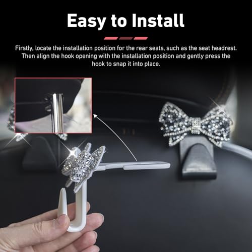 2 PCS Car Seat Headrest Hooks, Bling Rhinestones Crystal Bow Car Purse Hooks, Cute Backseat Storage Hanger for Handbag Purse Coat, Universal for SUV Truck Sedan (Black) - color: Black