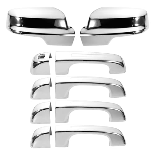Chrome Mirror Cover +4PCS Door Handle Covers fits Ram 1500 2019-2024 4-Door Extended/Crew Cab Models Only Caps Top Half Left & Right Without Smart Keyholes, Siver Plated