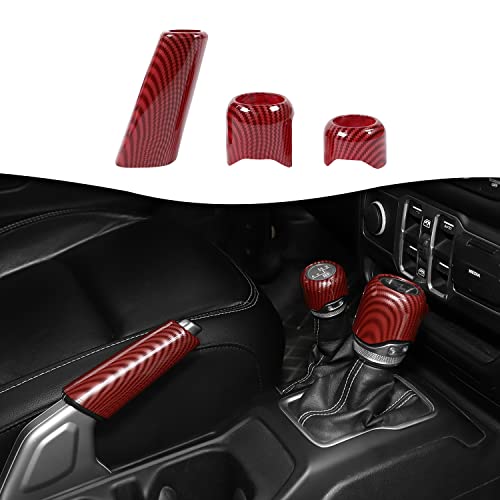RT-TCZ Gear Shift Knob Cover Trim Handbrake Cover Drive Mode Shift Knob Cover Decorative Interior Accessories for Jeep Wrangler JL JLU & Gladiator JT 2018-2022,Red Carbon Fiber - color: Red Carbon Fiber