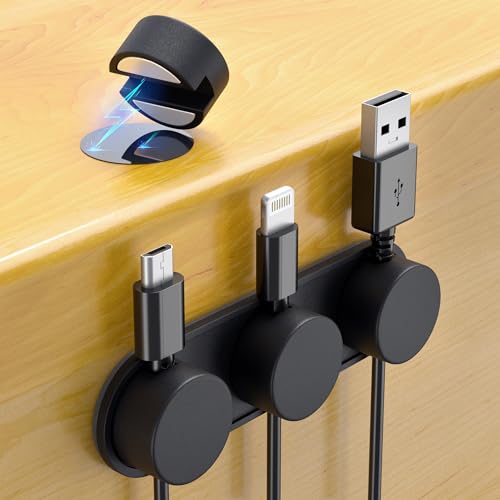 Silicone Magnetic Cable Clips 4+1, Xuuza Phone Cord Holder for Office Desk Nightstand Organization, Mag Dock Cable Storage Hub Supports Lightning, USB C, Micro Cables (Black) - color: Black, size: 4 Clips + 1 Strip