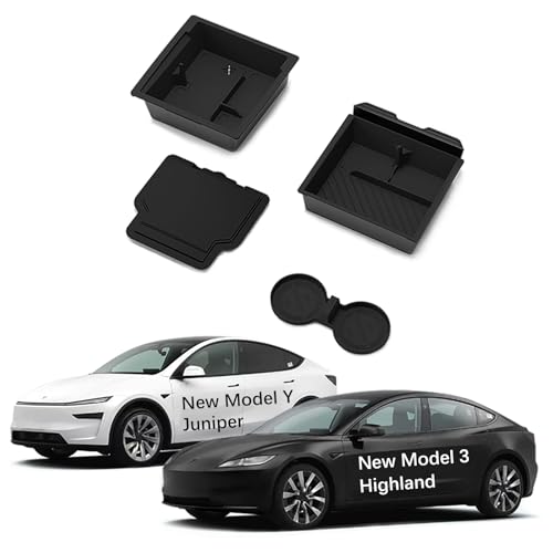 Center Console Organizer Tray for Model Y Juniper 2025 2026 & Model 3 Highland (2024-2026), Double-Layer Sliding Hidden Armrest Storage Box, Tesla Accessories (Matte Black) - size: 4PC(25-26) Tesla Model Y & (24-26) Tesla Model 3
