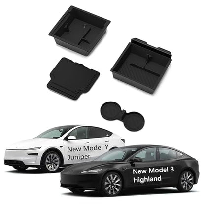 Center Console Organizer Tray for Model Y Juniper 2025 2026 & Model 3 Highland (2024-2026), Double-Layer Sliding Hidden Armrest Storage Box, Tesla Accessories (Matte Black) - size: 4PC(25-26) Tesla Model Y & (24-26) Tesla Model 3