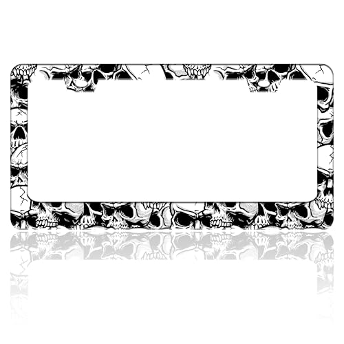 Skull License Plate Frame Black White Skeleton Stainless Steel License Plate Holder for Front or Rear Car Tags Funny for Car Decoration Accessories with Screws 6.3 X 12.2 in for Women Men - color: Skull