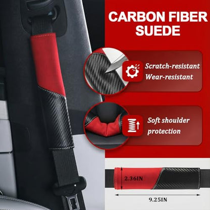 2PCS Car Seat Belt Cover, Soft Carbon Fiber Suede Breathable Vehicle Seat Strap Shoulder Cushion, Comfortable Automotive Interior Seatbelt Mat Pad, Universal for SUV Van RV (Black/Red) - color: Black/Red