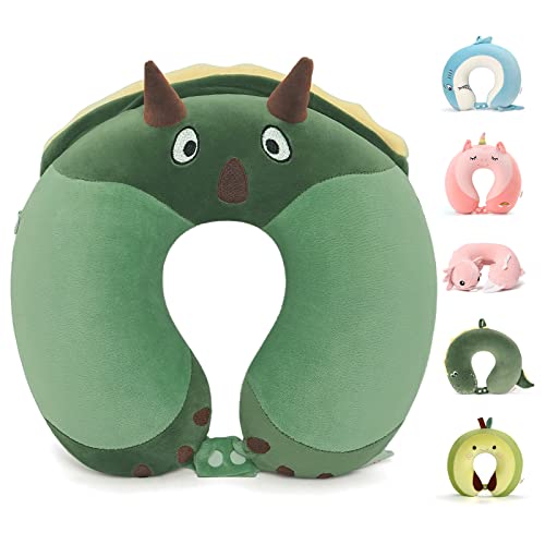 Niuniu Daddy Kids Travel Pillow - Soft Memory Foam Neck Pillow for Airplane, Car, Train Travel - Green Dinosaur Design for Boys & Girls (9-12 Years) - color: Triceratops-green, size: 9-12 Y/O