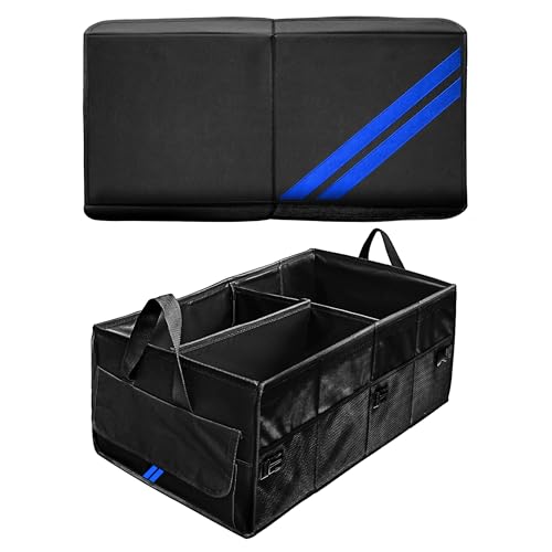 YOSRTER Car Trunk Organizer for Dodge Charger Durango Challenger Ram Collapsible Storage Box with Handle Foldable Lid Non Slip Bottom 2 Compartment Sturdy Base Panel Blue Trim - color: Blue Trim