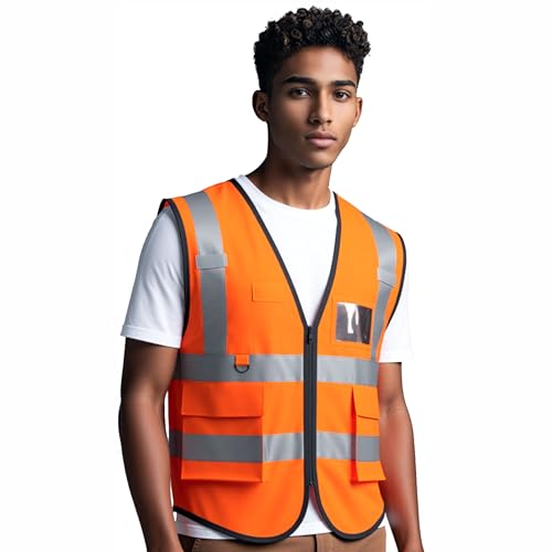 caparazon Unisex High-Visibility Reflective Safety Vest with Zippered Pockets - ANSI/ISEA Certified for Enhanced Work Safety - color: Orange Flag