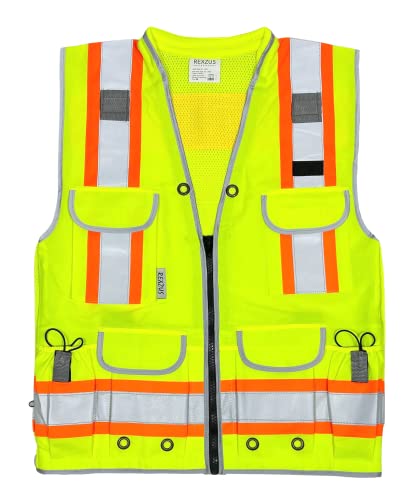 REXZUS A Reflective Vest Class 2 Heavy Woven Two Tone Engineer Hi Viz Safety Vest 3M 8712 Tape - color: Yellow, size: Large-X-Large