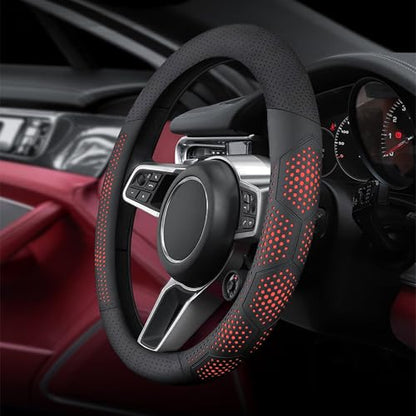 Yangday Leather Steering Wheel Cover for Dodge Ram 1500 2500 3500, 15.5-16 inches Car Steering Wheel Cover with Non-Slip Breathable (Red) - color: Red-2