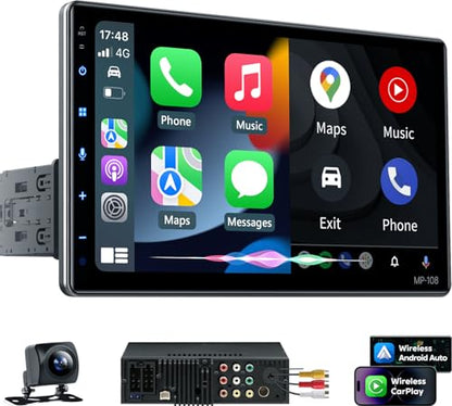 PLZ 10.1" Wireless Single Din Car Radio Stereo with Apple Carplay Android Auto Touch Screen, Car Play Audio Receivers Headunit, Bluetooth 5.3, Backup Camera, 240W, 2 Subwoofers, Navigation, FM/AM, SWC - size: 10.1"