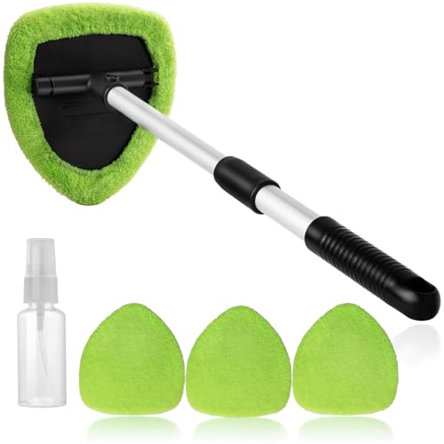 Qydipclin 11pcs Windshield Cleaner Tool, Car Window Cleaning Wash Kit with 6 Reusable Microfiber Pads 2 Spray Bottles and Extendable Handles Auto Glass Wiper Kit, Green - color: Green