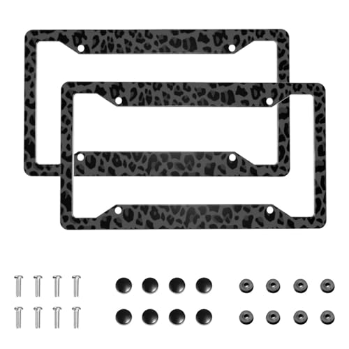 Black Leopard Print License Plate Frames, 2 Pack Cheetah Rust-Proof Aluminum License Plate Holder, Car Decorative Tag Frames with Screws Fasteners Caps fits Standard US Vehicles Size 12.3 X 6.3 in - color: Black Leopard