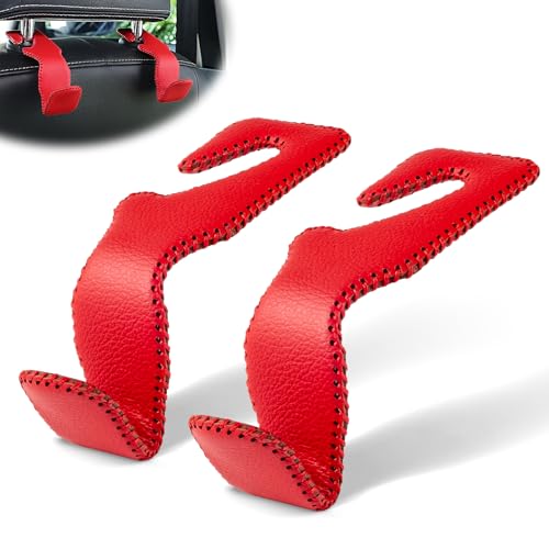 LivTee Red Superior Leather Car Seat Back Headrest Hook, Auto Seat Hook Hangers Interior Accessories for Purse Coats Umbrellas Grocery Bags Handbag, 2-Pack - color: Red