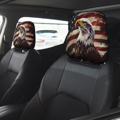 2PCS Car Headrest Cover American Flag Vehicle Head Rest Protector USA Flags Universal Cars Interior Accessories Patriot Star Stripe Red Head Rest Wrap Protection - color: Flags and Eagle