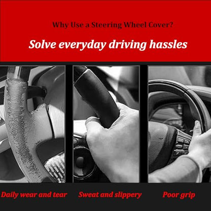 Black Genuine Leather Car Steering Wheel Cover Men Women,Cowhide Wheel Cover,Soft,Breathable,Anti-Slip,Luxury Steering Wheel Cover,Universal Standard Size 14.5-15 inch(M) - size: Standard size[14 1/2''-15'']