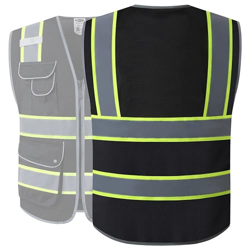 JKSafety 9 Pockets High Visibility Zipper Front MESH Black Safety Vest | Black with Dual Tone High Reflective Strips | ANSI/ISEA Standards (100-Black, M) - color: Mesh-black, size: Medium
