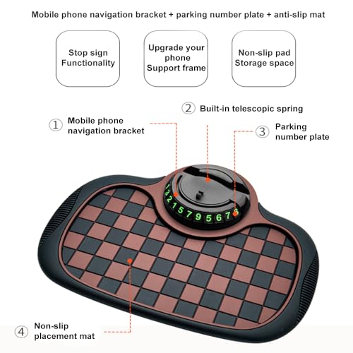 Multifunction Car Anti-Slip Dashboard Mat Sunglasses Holder Rotatable Anti Skid Car Dashboard Pad with Temporary Parking Number 4-in-1 Automobile Dashboard Accessories for Men