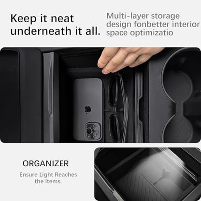 Center Console Organizer Tray for Model Y Juniper 2025 2026 & Model 3 Highland (2024-2026), Double-Layer Sliding Hidden Armrest Storage Box, Tesla Accessories (Matte Black) - size: 4PC(25-26) Tesla Model Y & (24-26) Tesla Model 3