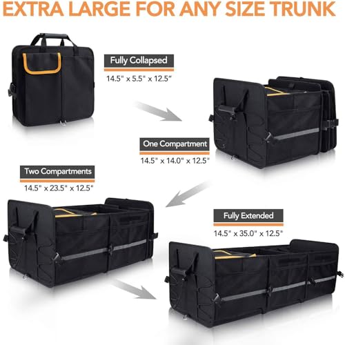 Extra Large Car Trunk Organizer with Insulated Leakproof Cooler, Heavy Duty 2mm PE Board, Adjustable Compartments with 4 Removable Dividers, 2 Securing Straps, Foldable SUV & Truck Storage Organizer