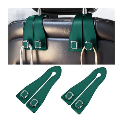 2PCS Car Headrest Hooks, Nappa Leather Metal Vehicle Double Seat Back Storage Hook for Purse Bag Coat, Multifunctional Automotive Interior Hanging Hanger, Universal Fit (Green) - color: Green