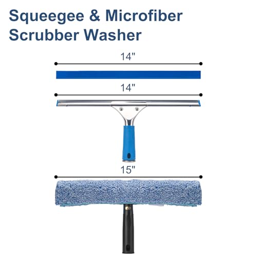 Professional Window Cleaning Kit, 14" Rubber Squeegee with 15" Microfiber Scrubber, Window Cleaning Tool for Home, Window Washing Equipment Commercial & Household Use
