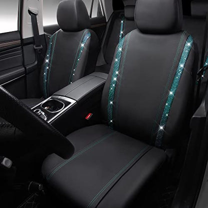 CAR PASS Bling Car Seat Covers Full Set, Shining Rhinestone Diamond Waterproof Faux Leather Universal Fit 95% Automotive Glitter Crystal Sparkle Strips for Cute Women Girl, Full Set (Mint Diamond) - color: Mint Diamond, size: Full Set