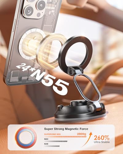 【2026 Newest】SUPERONE for Magsafe Car Mount Suction Cup,【Strongest Suction, 70% Less Spcae】Magnetic Car Phone Holder, Vacuum Phone Mount Foldable Car Accessories for iPhone 17 Pro Max/16/15/14/13/12 - color: Black