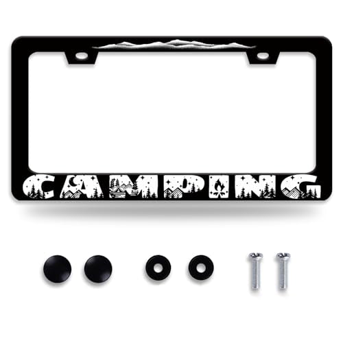 Camping License Plate Frame Mountains License Plate Holder Forest for Car Decorative Parts Stainless Stee License Plate for Standard Us Canada Funny License Plate Frames 12x6 Inch - color: Camping
