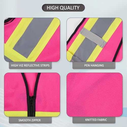 High Visibility Reflective Safety Vest with Zipper and Pockets Pink,M - color: Pink, size: Medium