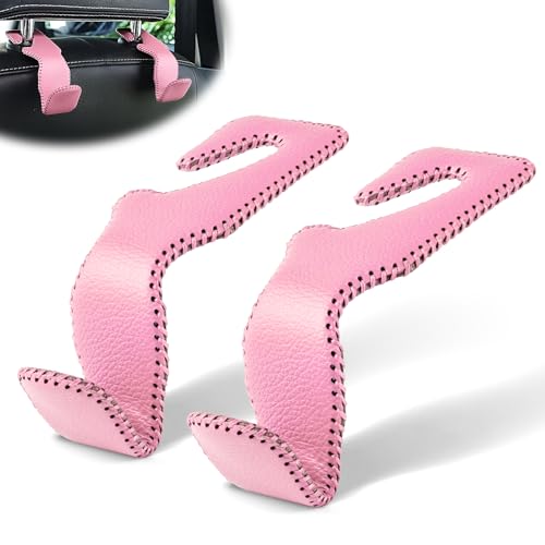 LivTee Headrest Hook for Car, Back Seat Organizer Pink Leather Hanger Holder Hook, Interior Car Accessories for Hanging Purses Bags Coats, 2 Pack - color: Pink