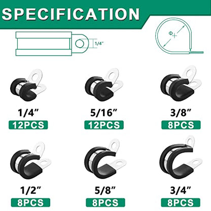 OURU 56PCS Cable Clamps Assortment Kit,6 Sizes—1/4" 5/16" 3/8" 1/2" 5/8" 3/4" Stainless Steel Rubber Coated Cushioned Insulated Cable Clamp,Automotive Cable Wire Clamps,Pipe Clamps,Metal Clamp - size: 56pcs - 1/4", 5/16", 3/8", 1/2", 5/8", 3/4"