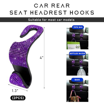 2PCS Bling Car Seat Headrest Hooks, Auto Back Seat Hanging Storage Organizer for Purse Handbag Coat, Rhinestone Vehicle Seat Hanger Holder for Women Girls, Car Accessories (Purple) - size: 2 PCS