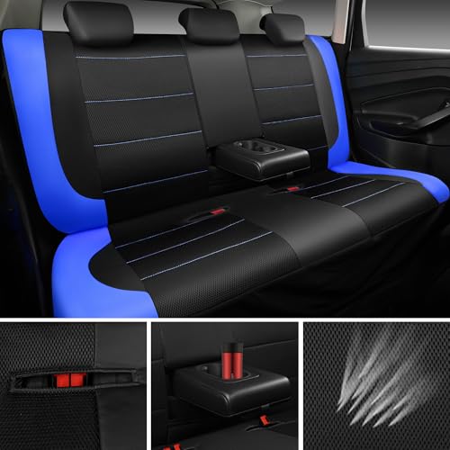 CAR PASS Air Mesh Leather Car Seat Covers Full Set, Waterproof Car Floor Mats, Sporty Steering Wheel Cover 14.5-15in, Universal Fits for 95% Cars Truck SUV (Black and Blue) - color: Blue