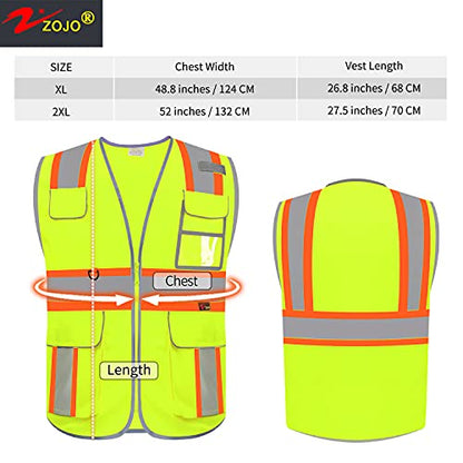 zojo High Visibility Safety Vest, 5PCS,Reflective with Multi-Functional Pockets and Zipper,for Men Women work(Yellow-Strip) - color: Yellow-strip