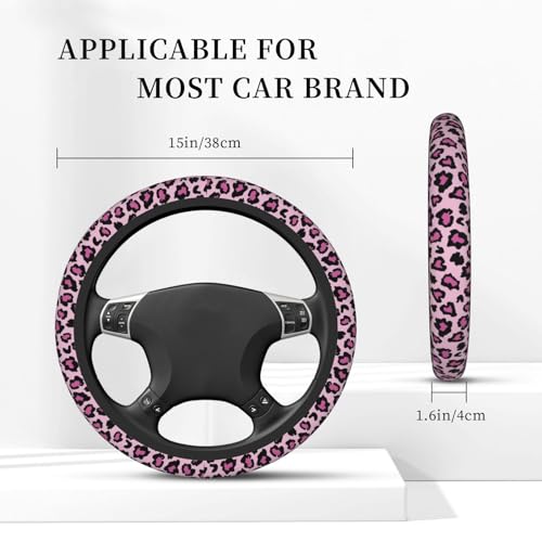 Pink Leopard Print Elastic Steering Wheel Cover, Non-Slip Breathable Neoprene Steering Wheel Covers, Women Pink Car Accessories, Universal 15 Inch Fit Auto, Suvs, Truck - color: Pink Leopard Print