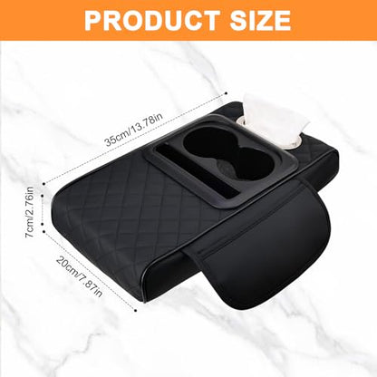 Car Armrest Cushion,Multifunctional Center Console Cover with 2 Storage Bags Cup Holder,Tissue Box Slot & Phone Storage,Car Storage Organizer Interior Accessories,Black