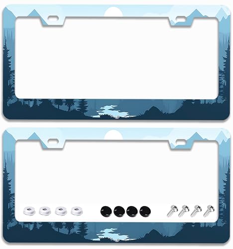 2 Pcs Mountains Forest License Plate Frames - 2 Holes Stainless Steel Metal Auto Car Accessories Decoration License Plate Frame Cover Size 6.3" x 12.2" Fit US Vehicles for Women Men Gift - color: Mountains Forest