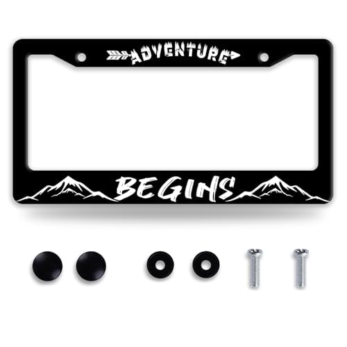 Adventure Begins License Plate Frame Mountains License Plate Frames for Car Decorative Parts Stainless Stee License Plate for Standard Us Canada Funny License Plate Holder 12x6 Inch for Women Men - color: Adventure Begins