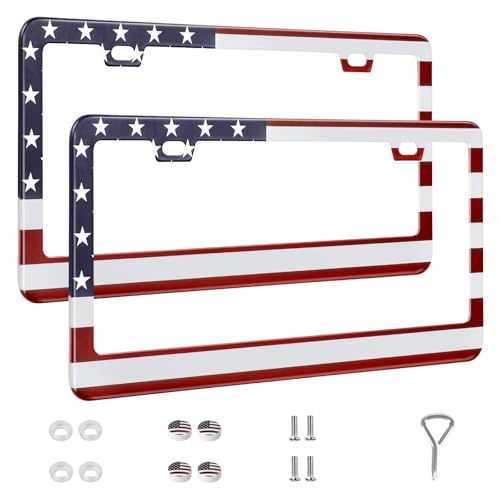QUANQIUFEI 2 Pack License Plate Frames, Stainless Steel Car License Plate Cover Car Accessories with Screw Caps (Red and Blue) - color: Red and blue