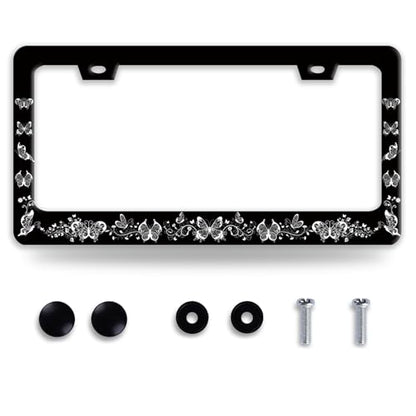 Butterfly License Plate Frame Beautiful Black White Butterflies License Plate Funny Auto Accessory Bracket Stainless Steel License Plate Frames 6.3 x12.3 Inch - color: Black White Butterfly