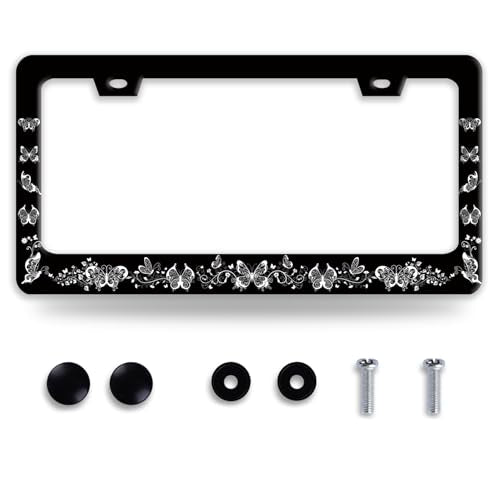 Butterfly License Plate Frame Beautiful Black White Butterflies License Plate Funny Auto Accessory Bracket Stainless Steel License Plate Frames 6.3 x12.3 Inch - color: Black White Butterfly