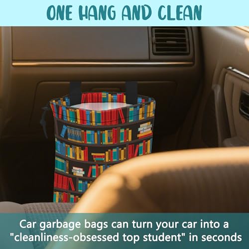 Car Garbage Bag Colorful Bookshelves Library Drawstring Car Trash Bag Hanging for Back Seat with Adjustable Buckle Canvas Vehicle Trash Can Easy-to-Install - color: Colorful Bookshelves Library