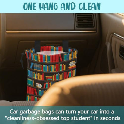 Car Garbage Bag Colorful Bookshelves Library Drawstring Car Trash Bag Hanging for Back Seat with Adjustable Buckle Canvas Vehicle Trash Can Easy-to-Install - color: Colorful Bookshelves Library