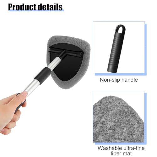 Car Windshield Cleaner Tool, Vehicle Window Detailing Cleaning Kit with Extendable Handle & 4 Washable Microfiber Pad, Auto Glass Wiper Cleaner for Exterior & Interior, Universal Fit (Gray) - color: Gray