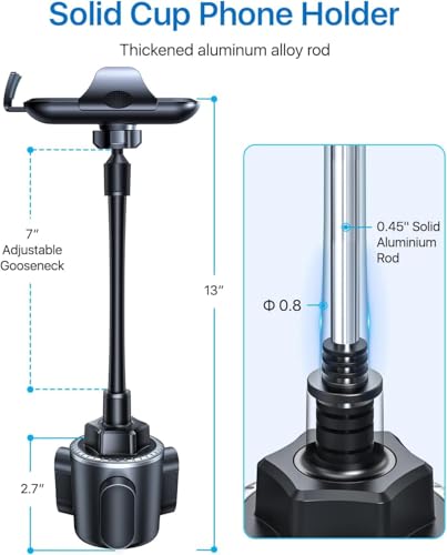 andobil Military-Grade Cup Phone Holder for Car/Truck, [2026 Enhanced] 13" 360° Adjustable Gooseneck w/Anti-Shake Car Mount, Universal Car Phone Holder for iPhone/Samsung/Pixel All 4.0-7.0" Devices - color: Black