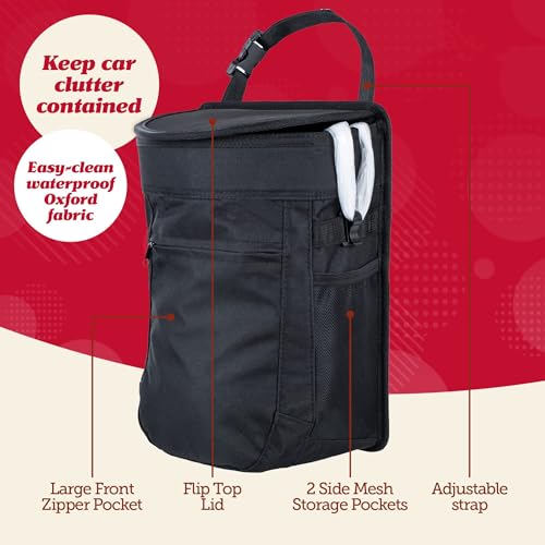 Spill-Proof Car Trash Can (2.5 Gallon) - Easy to Clean Hanging Garbage Bin - Leak-Proof Lid,Removable Liner, Waterproof - Keeps Truck, SUV, Car, Minivan Clean & Odor Free (Black) (1000, Black)